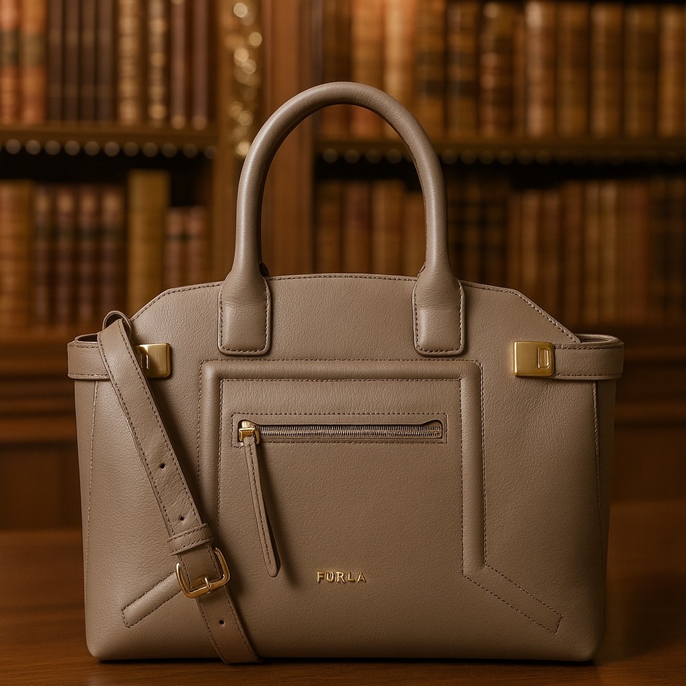 NEW FURLA Alice Taupe Leather Medium Top Handle Satchel/Handbag - Made in Italy